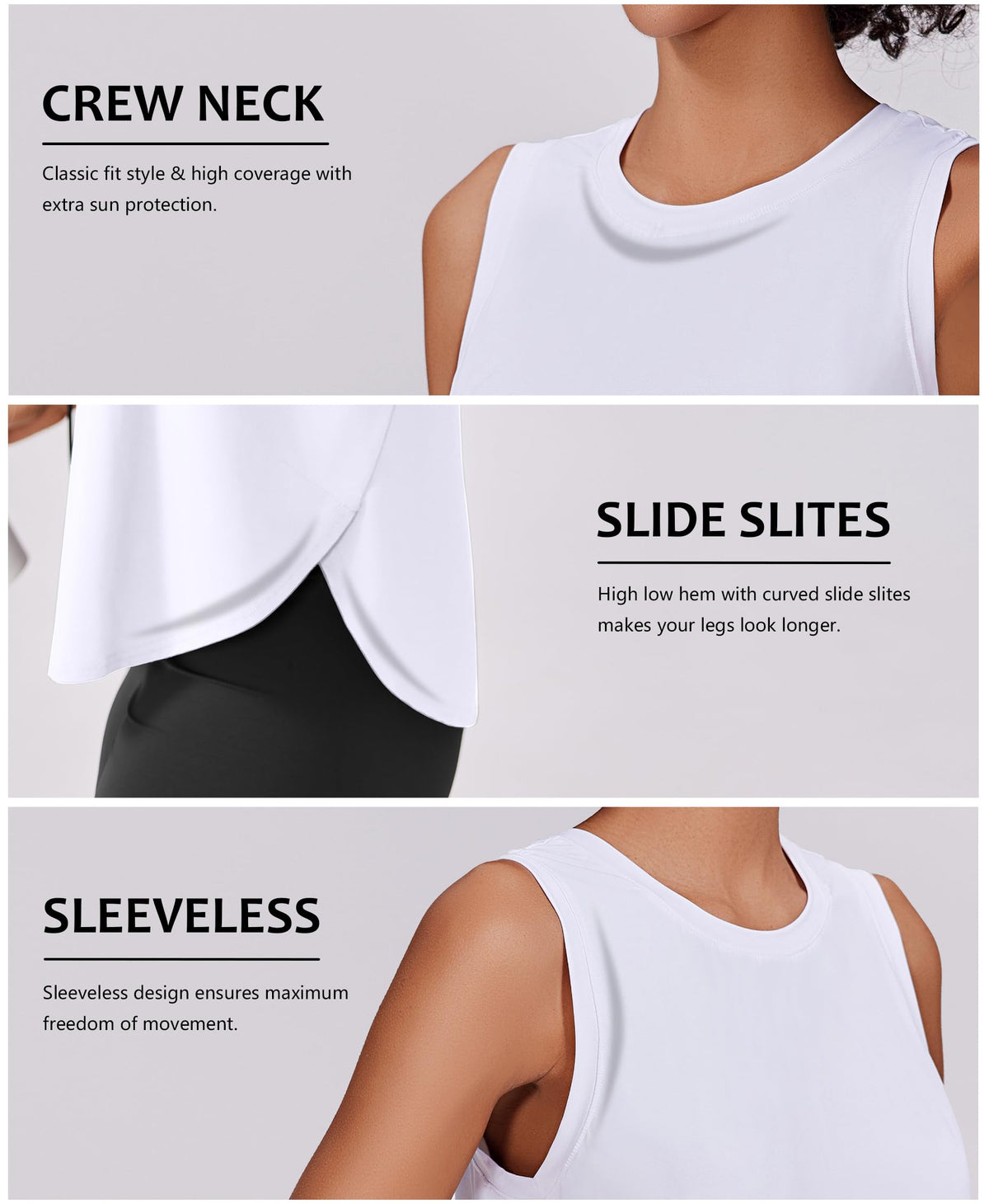 PINSPARK Athletic Tank Tops for Women Moisture Wicking Workout Tanks UPF 50+ Sleeveless Yoga Shirt with Side Slits Loose Fit Gym Top for Running, White Large
