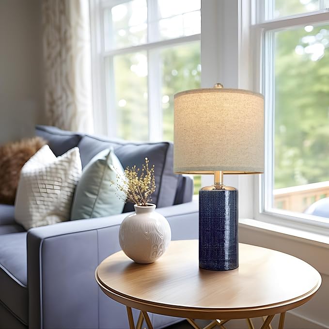 20.25" Small Table Lamps Set of 2 Modern Ceramic Lamps for Living Room Farmhouse Bedside Lamps Boho for Night Stands Bedroom Lamps Side Table Lamps End Table Lamps, Blue