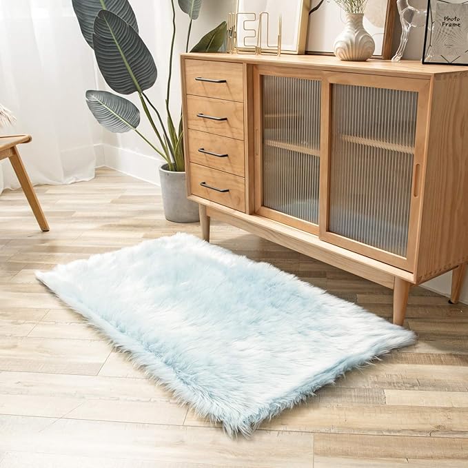Ashler faux fur rug, Fluffy Shaggy Area Rug Ultra Soft 2.2 x 4 Feet Rectangle Fur Rug, Light Blue Fuzzy Rug Machine Washable Shag Rug, Nursery Decor Throw Rugs for Bedroom, kids room, Living Room
