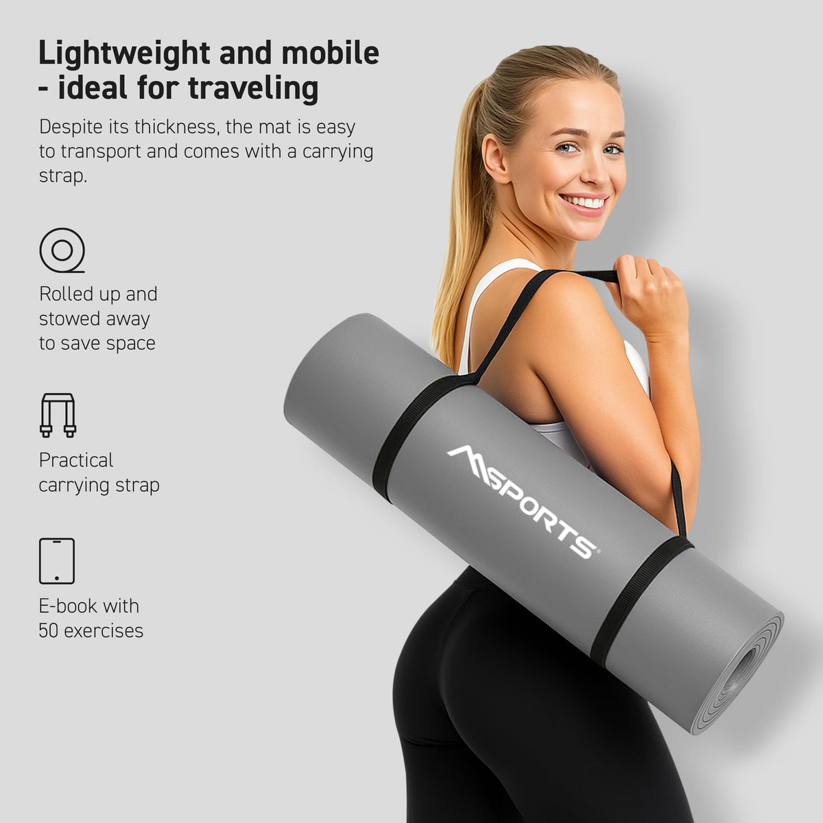 MSPORTS Thick Yoga Mat Premium Non Slip – Extra Comfortable Exercise Mat for Home Workouts, Pilates, Stretching & Gym – Cushioned NBR Foam, Yoga Mat with Strap, for Women & Men (Grey, 74.5 x 40 x 0.6 in)