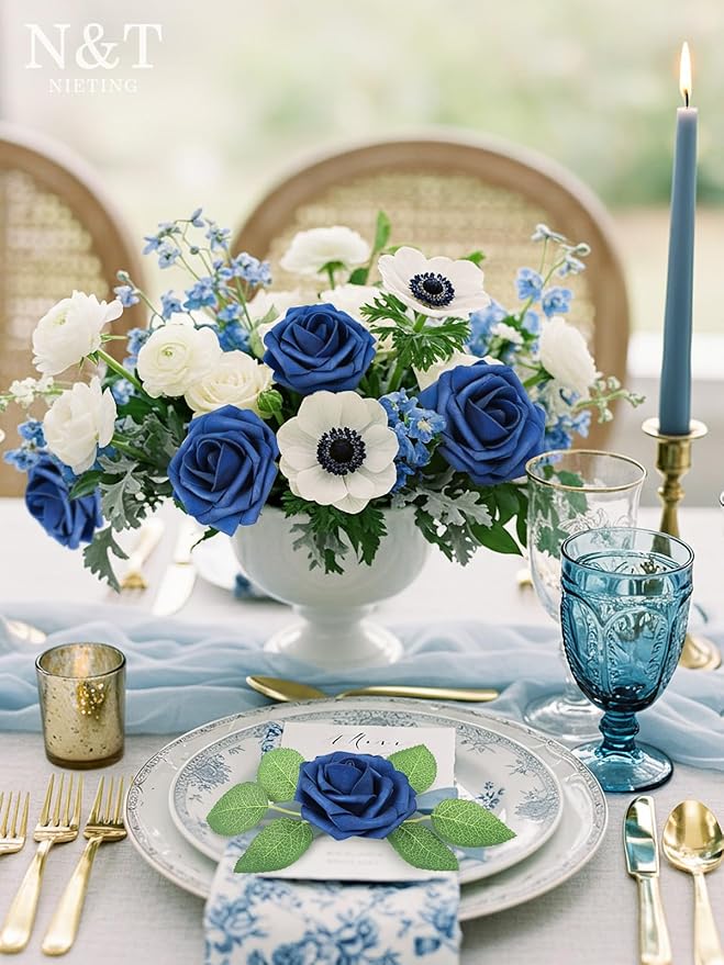 N&T NIETING Artificial Flowers Navy Blue Roses 50Pcs Fake Flowers Foam Roses with Stems for DIY Wedding Bridesmaid Bridal Bouquets Centerpieces Party Home Decoration Baby Shower