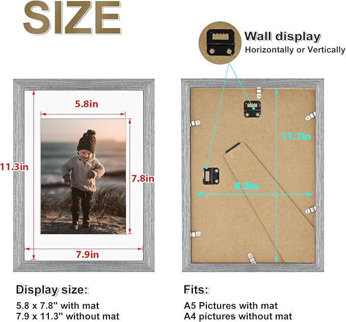 KINLINK A4 Picture Frame, Grey Solid Wood Frames with Acrylic Plexiglass for Pictures A5 with Mat or A4 without Mat, Tabletop and Wall Display Photo Frame 4 Pack