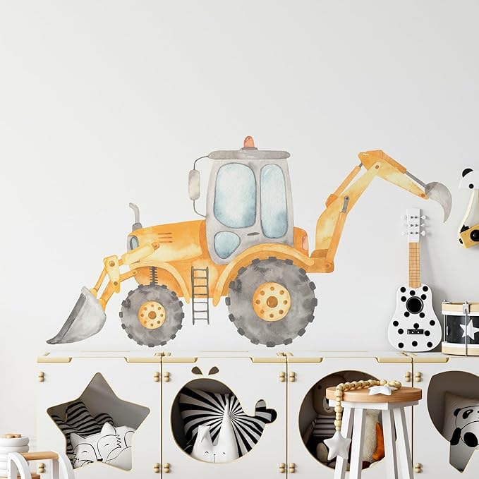 Construction Tractor Backhoe Loader Wall Decal for Boys Room, Construction Eqipment Peel Stick Removable Fabric Wall Sticker, Nursery or Playroom Decor, Repositionable (30 inch: 16" Tall x 30" Wide)