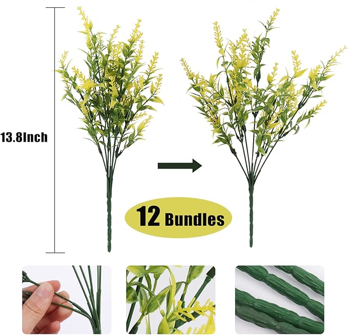 RECUTMS 12 Bundles Artificial Flowers Outdoor UV Resistant Outdoors Fake Plants Faux Plastic Flower in Bulk for Hanging Planters Outside Porch Vase Home Window Decoration,Spring Decorations(Yellow)