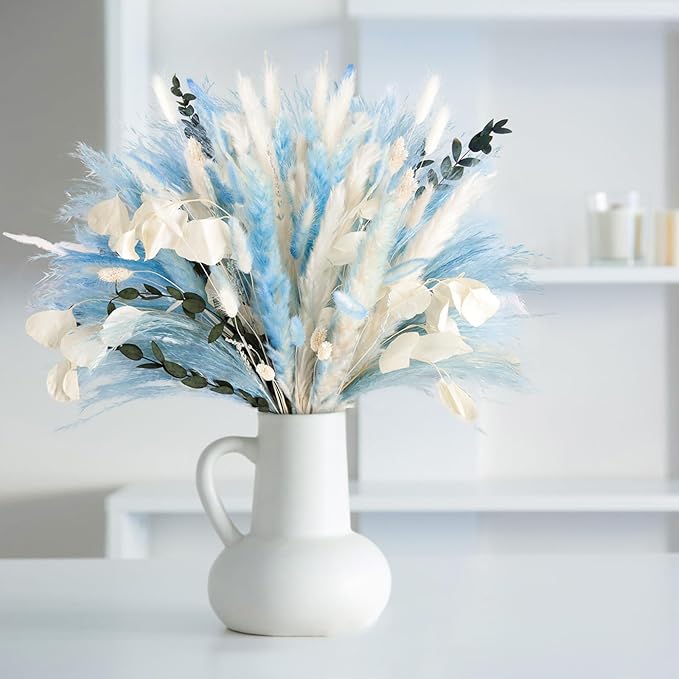 N&T NETING 101Pcs Blue Pampas Grass Decor Natural Dried Floral Pampas Grass Light Blue Boho Pampas Home Decor Fluffy Dried Pampas Flowers for Home Wedding Boho Beach Theme Table Decor