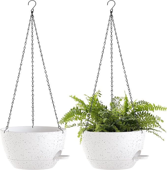 10 Inch Hanging Baskets 2 PC with Chains, Self-Watering Hanging Planters for Indoor Outdoor Plants, Plastic Hanging Flower Pots,Speckled White