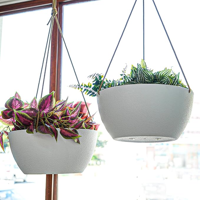 13 Inch 2 Pack Large Hanging Planters for Indoor Outdoor Plants, Plastic Hanging Basket Pots for House Plants Flowers, White