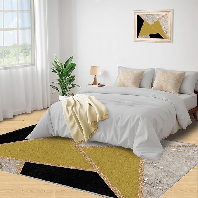Geometric Marble Area Rugs for Living Room Black Gold Marble Rug Triangular Geometric Carpet Modern Minimalist Door Mat for Bedroom Hardwood Floors 7x9ft