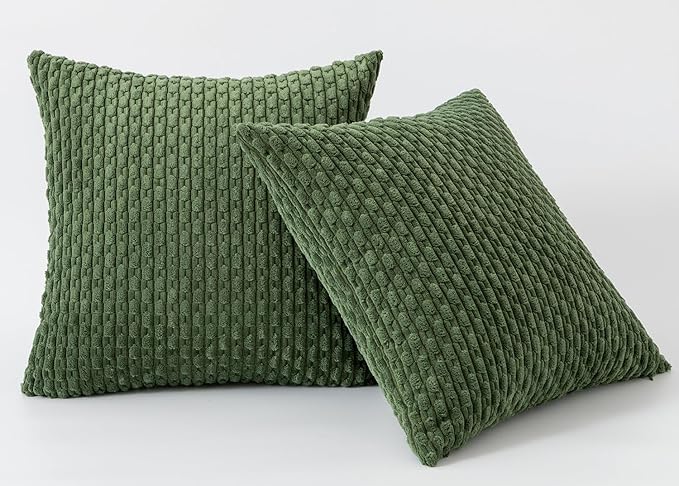 Kevin Textile Throw Pillow Covers Soft Corduroy Decorative Set of 2 Boho Striped Pillow Covers Pillowcases Farmhouse Home Decor for Couch Bed Sofa Living Room 22x22 Inch Moss Green