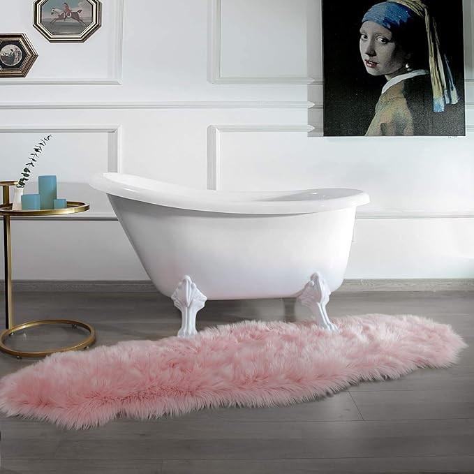 Ashler faux fur rug, Fluffy Shaggy Area Rug Ultra Soft 2 x 6 Feet Sheepskin Fur Rug, Pink Fuzzy Rug Machine Washable Shag Rug, Nursery Decor Throw Rugs for Bedroom, kids room, Living Room