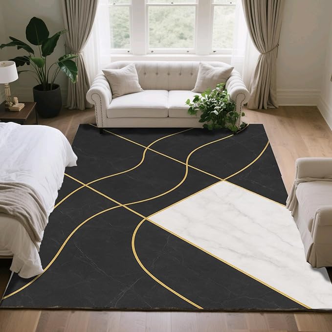 Geometric Marble Rug - 3x4 Rug, Abstract Lines Outdoor Rugs, Luxury Marble Entryway Rugs, Washable & Non Slip Carpet Home Decor