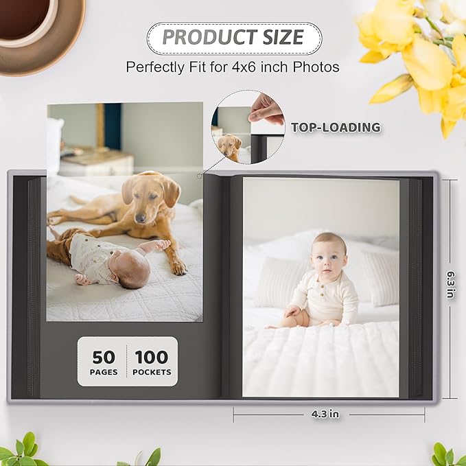 Popotop Photo Album 4x6 100 Pockets with Leather Hardcover Cover, Small Photo Album Holder Book with 50Pcs Pages for Family Travel Wedding Baby Gifts
