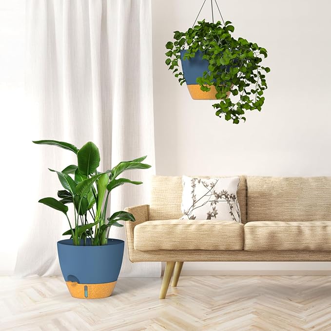 ZMTECH 12 Inch Hanging Planters for Indoor Plants & Outdoor, Self-Watering Hanging Pots with Drainage Holes, Visual Reservoir, Plastic Hanging Baskets for Outdoor Garden Home Decor, Blue