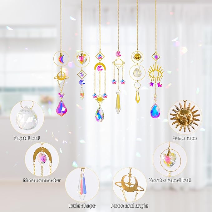 Sun Catchers 6Pieces Colorful Crystals Suncatcher with Chain Pendant Ornaments Hanging Crystals Prism Rainbow for Window Home Indoor Outdoor Car Mirror Garden Christmas Day Party