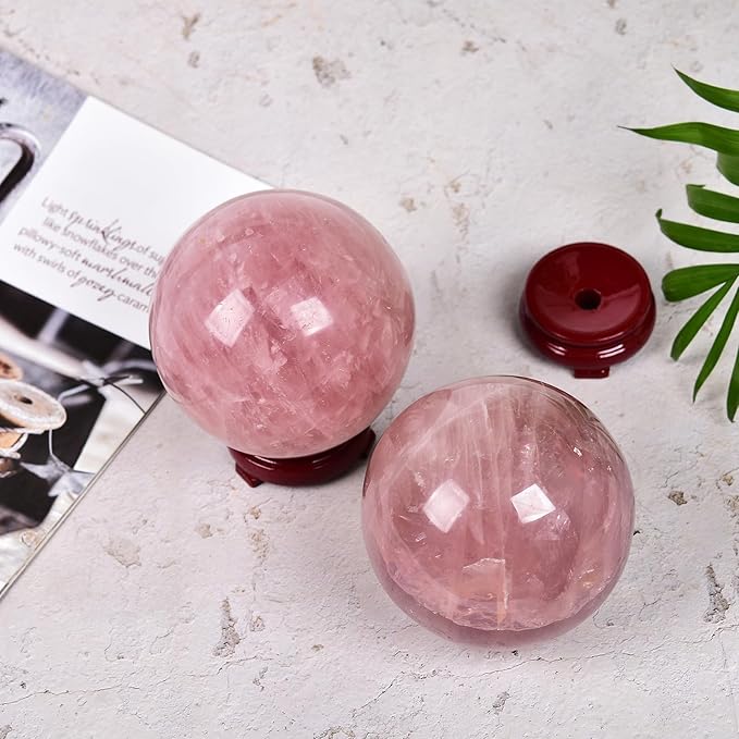 JIC Gem Large Healing Crystal Ball Pink Rose Quartz Crystal Sphere Ball with Stand Decorative Ball Home Decoration (110-120mm)