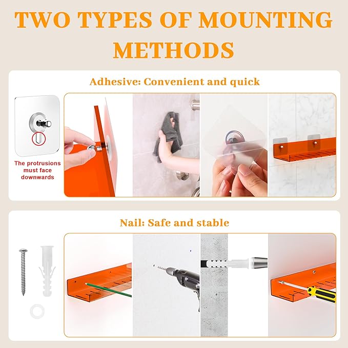 LAZYROSY 2 Pack Floating Shelves– 15'' Orange Acrylic/PET Wall-Mounted No Drill Storage with Adhesive, Bathroom & Bedroom Shelving for Kitchen, Living Room, Home Decor