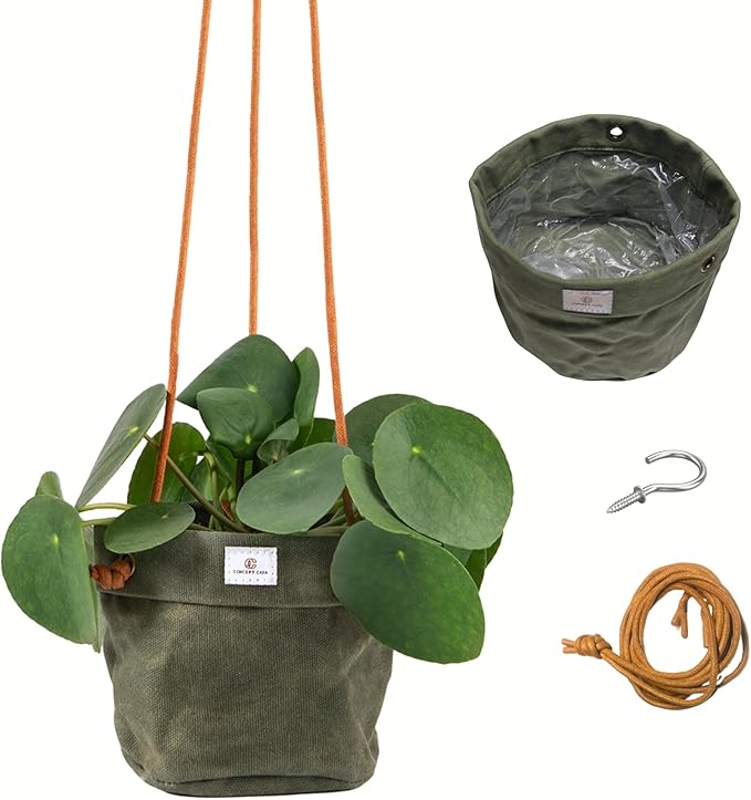 Waxed Canvas Handmade Hanging Planter for Indoor/Outdoor Plants, Hanging Basket Plant Holder Forest Green with Hook