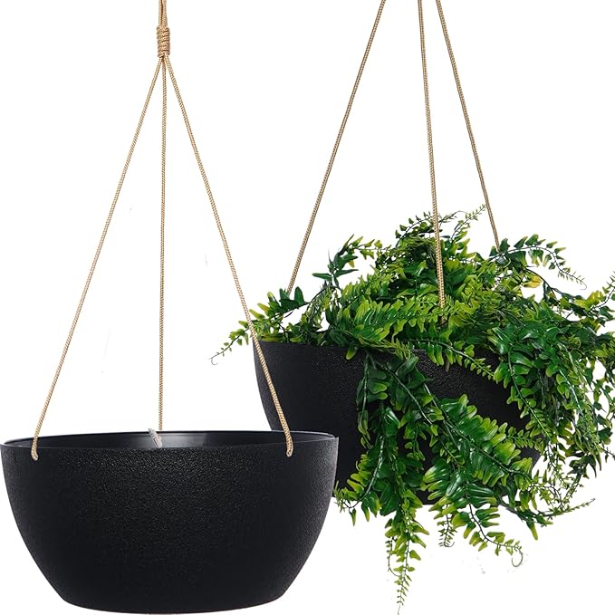 12 Inch 2 Pack Large Hanging Planters for Indoor Outdoor Plants, Plastic Hanging Basket Pots for House Plants Flowers, Black