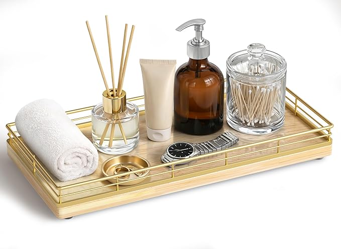 Bathroom Vanity Tray – 12" x 6" Oak Decorative Wooden Tray for Toilet Tank Organizer Wood Tray for Bathroom Countertop, Soap, Perfume & Storage, Vanity & Dresser Decor, Gold & Natural Oak