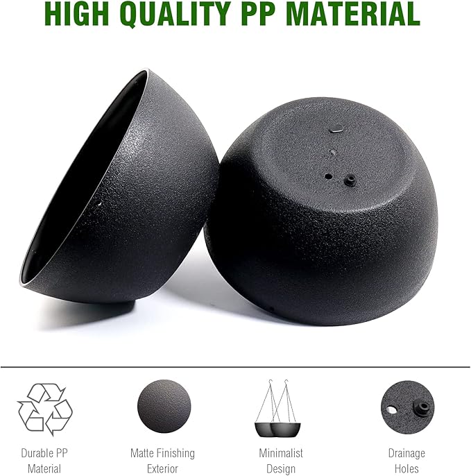 13 inch Large Hanging Planters Plant Pots for Outdoor Indoor Plants with Drainage Holes and Chain, 2 Pack Round Hanging Flower Pots for Garden Home Porch Decor, Black