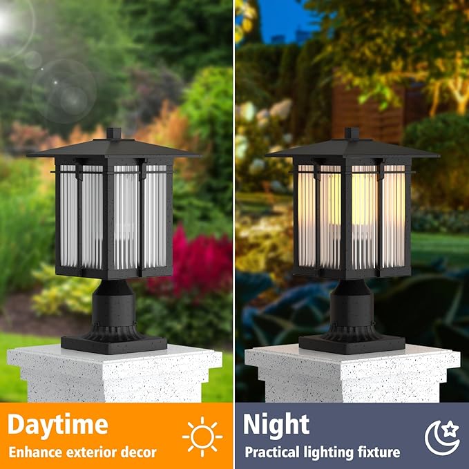 Modern Outdoor Post Light, Aluminum Lamp Post Light Fixture with Ribbed Glass, Soptted Black Outside Pole Lighting with 3-Inch Pier Mount Base for Yard Porch Pathway (14.2''H, 1 pc)