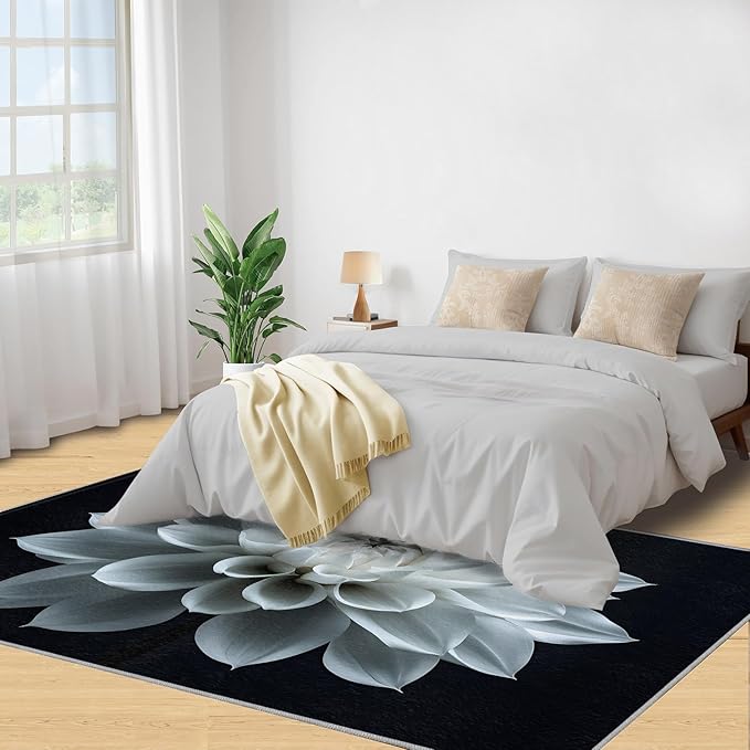 Petals Washable Area Rugs 4x6 Non-Slip Dahlia Living Room Rug White Flower Soft for Carpet Low Pile Indoor Door Mat & Room Decor