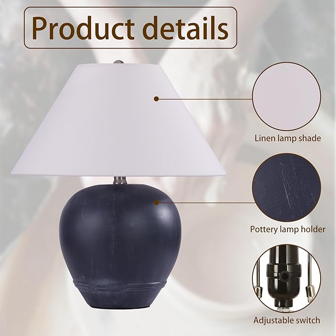 Pia Ricco 21'' Medium Size Black Glossy Ceramic Base Ceramic Basin Table Lamp for Bedroom, Living Room, Dining Room, Office, White Shade,Black Base