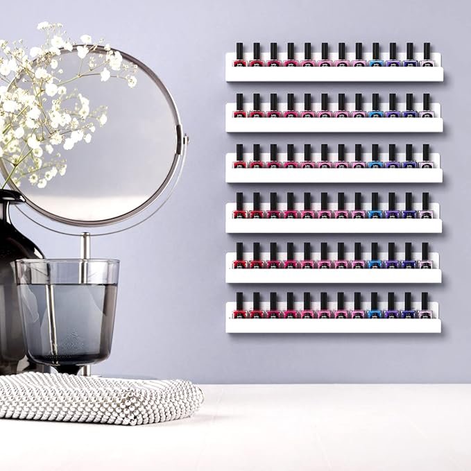 FEMELI Nail Polish Wall Rack: 6 Shelves 15 Inch White Acrylic Nail Polish Holder Organizer for 66-90 Bottles, Multi-Purpose Acrylic Floating Shelves (15 Inch, White)