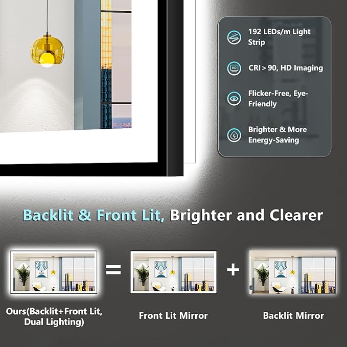 72x32 Black Framed LED Bathroom Mirror with Lights, Backlit and Front Lit, Anti-Fog Lighted Vanity Mirrors for Bathroom Wall, Dimmable, 3-Color Light, Memory, Shatter-Proof, HD Tempered Glass