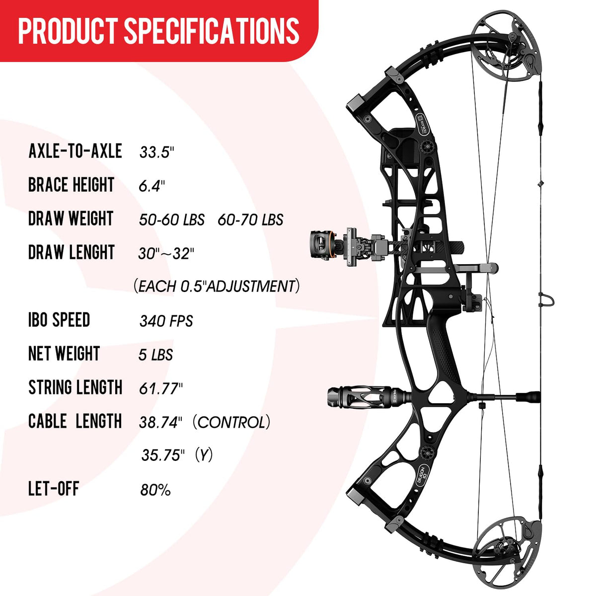 Sanlida 2024 Dragon 10 Flagship Top of The Line Hunting Compound Bow Kit for Adults and Advanced Archers, IBO Speed 340 FPS, Limited Life-time Warranty (Large Cam(30"-32"), Black, 60-70#)
