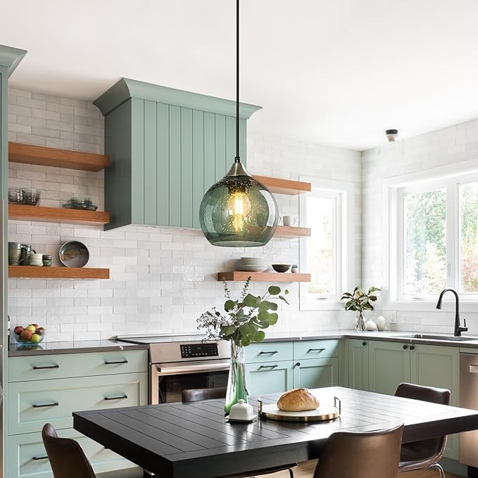Gray Green Glass Pendant Lights Kitchen Island Lighting Globe Pendant Light Fixtures Modern Pendant Lighting for Kitchen Island Bedroom Living Dining Room Light Fixture(5.9in, 3-Pack)