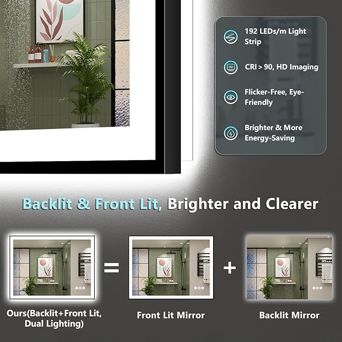 44x36 Inch Black Framed LED Bathroom Mirror with Lights, Backlit & Front Lit, Anti-Fog Lighted Vanity Mirrors for Bathroom Wall, Dimmable, 3-Color Light, Memory, Shatter-Proof, Tempered Glass