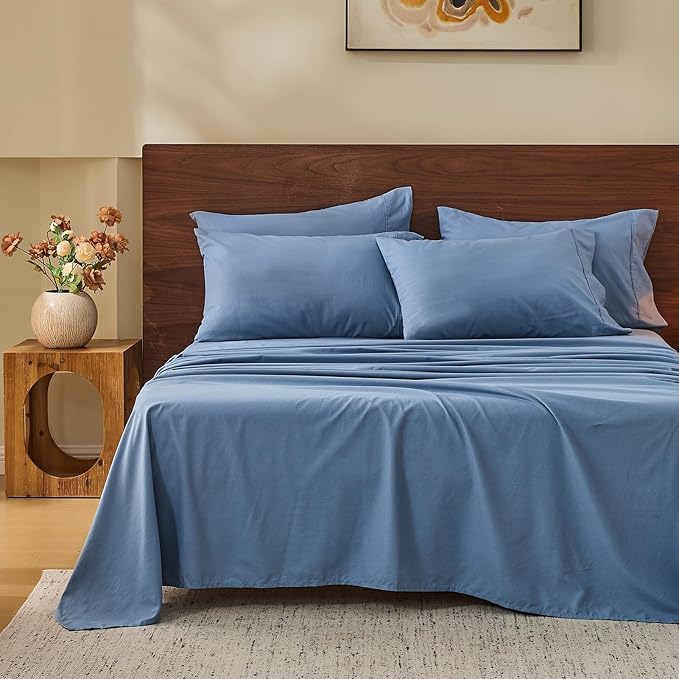 MEISHANG 100% French Pure Linen Sheets California King - Bed Sheets 4 Piece Sets, Soft Durable Flax Linen, Anti-Tear Breathable Oeko-Tex Certified with 16" Deep Pocket (Dusty Blue)