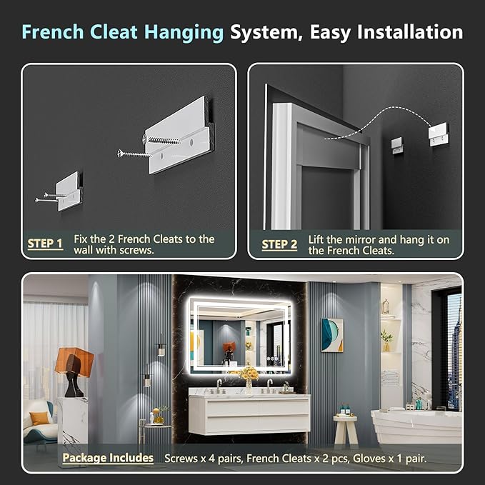 48x28 LED Bathroom Mirror with Lights, Backlit + Front Lit, Anti-Fog Lighted Vanity Mirror for Bathroom Wall, 3 Colors, Dimmable, Memory, HD Tempered Glass, Shatter-Proof, CRI>90, ETL Listed