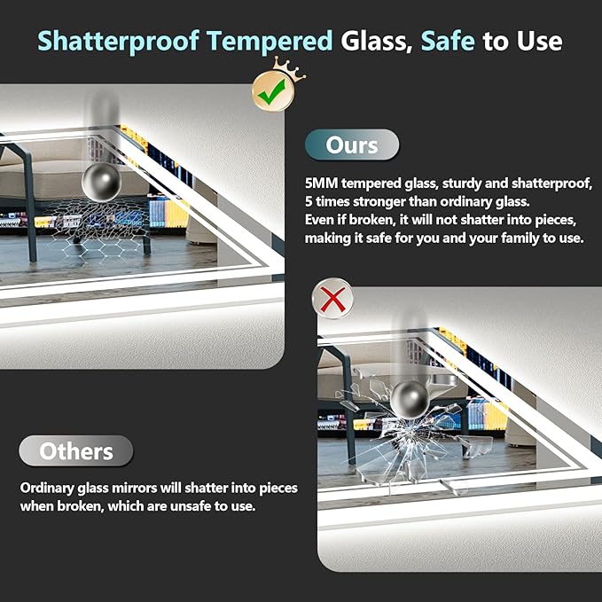 40x24 LED Bathroom Mirror with Lights, Backlit and Front Lit, Anti-Fog Lighted Vanity Mirrors for Bathroom Wall, Dimmable, 3-Color Light, Memory, Shatter-Proof, HD Tempered Glass, CRI＞90