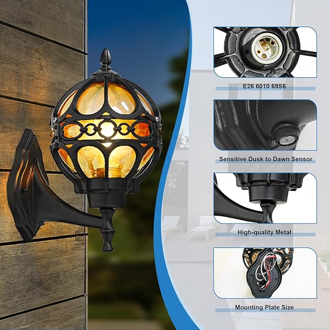Dusk to Dawn Outdoor Lighting, Black Porch Wall Lights, Black Globe Aluminum Exterior House Lantern Wall Mount, Anti-Rust Waterproof Amber Glass Outside Light Fixtures for Patio Doorway Garage, 2pack