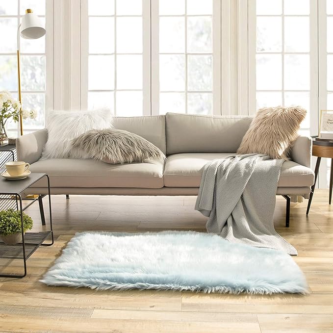 Ashler faux fur rug, Fluffy Shaggy Area Rug Ultra Soft 2.2 x 4 Feet Rectangle Fur Rug, Light Blue Fuzzy Rug Machine Washable Shag Rug, Nursery Decor Throw Rugs for Bedroom, kids room, Living Room