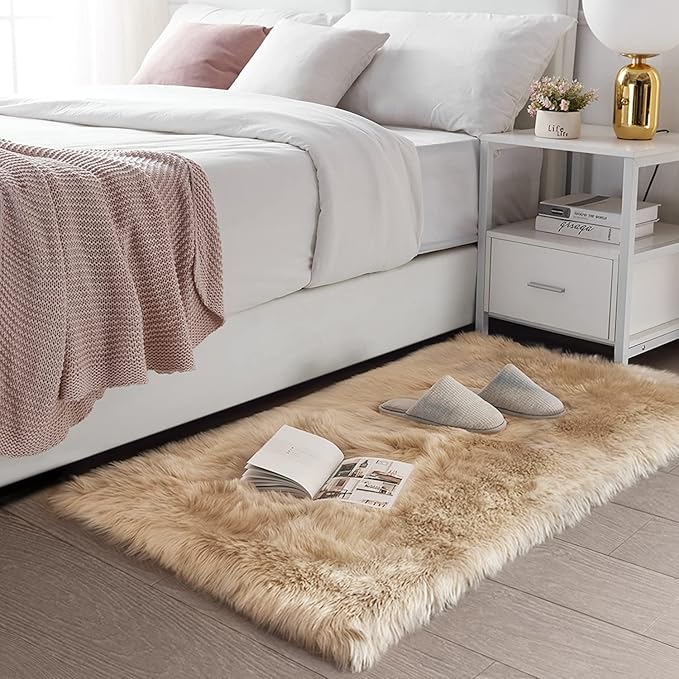 SERISSA Soft Faux Sheepskin Fur Area Rug Beige Fluffy Rug Plush Chair Cover Seat Pad Fuzzy Carpet Furry Beside Rugs for Bedroom Floor Sofa Living Room 2x4 Feet (Rectangular,Beige)