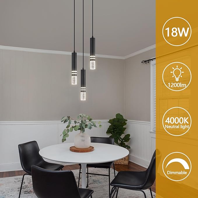 Pendant Lights Kitchen Island, Crystal Pendant Light Fixtures Mini 18W LED Modern Kitchen Pendant Lighting Over Sink and Living Room and Bedroom (Black 3 Light)