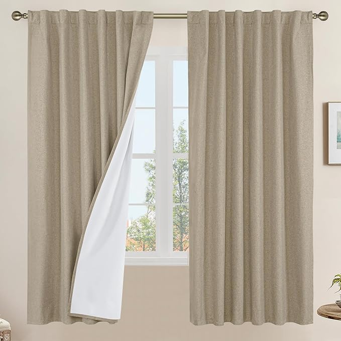 LAMIT 100% Blackout Natural Linen Curtains, 72 Inches Linen Textured Thermal Bedroom Curtains Back Tab and Rod Pocket Neutral Panels with White Liner for Farmhouse, 2 Panels, 52 x 72 Inch, Taupe