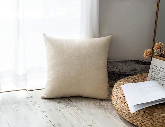 Stellhome Burlap Throw Pillow Covers Solid Farmhouse Linen Pillowcase for Bed Couch Sofa Bench, Set of 2, 18 x 18 inch (45 x 45 cm), Cream