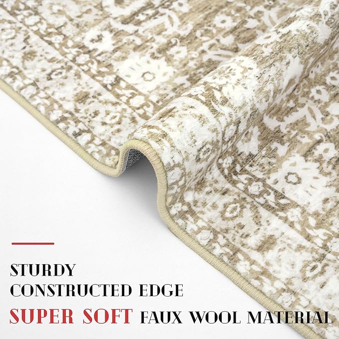 Runner Rug 2x10, Beige Tan White Washable Long Hallway Rug Runner Non-Slip Soft Kitchen Runner Thin Printed Faux Wool Super Soft Carpet for Entryway Bedroom Laundry Room Indoor Home Decor