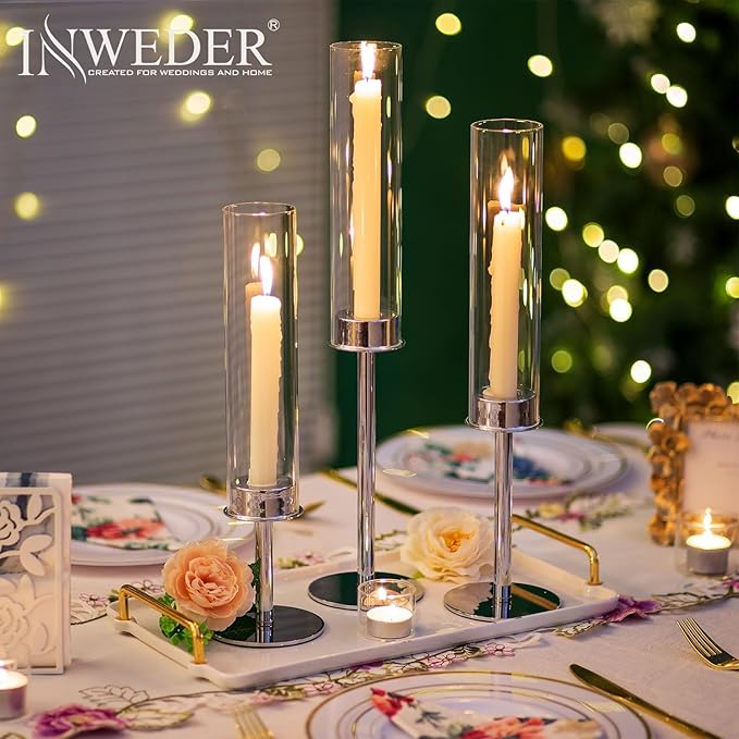 Hurricane Taper Candle Holders: Silver Glass Candlestick Holder Tall Candle Sticks Holder Decor with Glass Cover for Wedding Table Centerpiece Party Birthday Christmas Home Mantel Set of 3