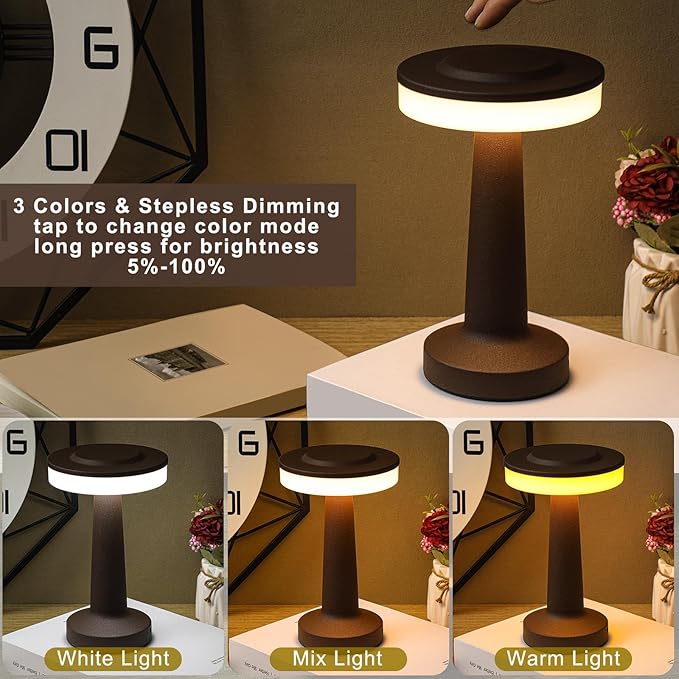 Riakrum 2 Pcs LED Portable Cordless Table Lamp with Touch Sensor 3 Color Stepless Dimming Rechargeable Battery up to 15 Hours Cordless Table Light Wireless Lamp for Nursery (Brown)