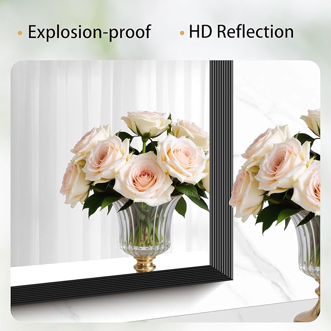 Black Bathroom Mirror 30 x 30 Inch Rectangle Wave Beveled Frame for Wall Bathroom Vanity Mirror for Over Sink, Tempered Glass,for Entryway Hangs, Bathroom Living Room Horizontal or Vertical