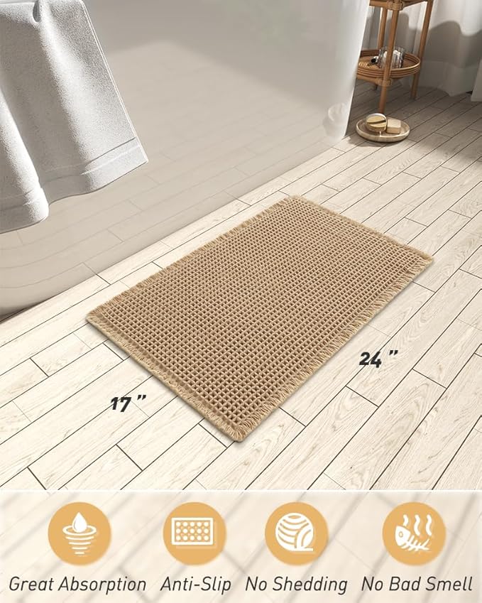 AMOAMI Upgraded Waffle Bath Mat, Super Absorbent Non Slip Bath Mats for Bathroom Floor, Machine Washable Bathroom Rugs with Tassels, Rubber Backed Bathroom Mats, Ultra Soft, 17" x 24", Brown