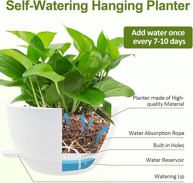 WOUSIWER Self Watering Hanging Planters, 2 Pack 12'' Plastic Pots with Drainage Holes & Reservoir Tray (White) | Indoor & Outdoor Use for Ferns, Ivy, Herbs, Succulents