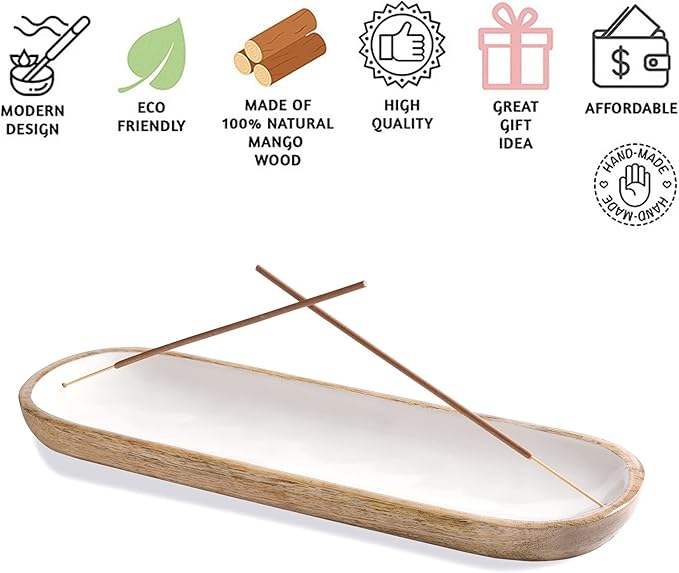 Folkulture Incense Holder for Home | Modern Incense Burner or Insence-Stick Holder for Gifts| Mango Wood Incense Tray Trough for Sticks 12 x 4 Inches, White