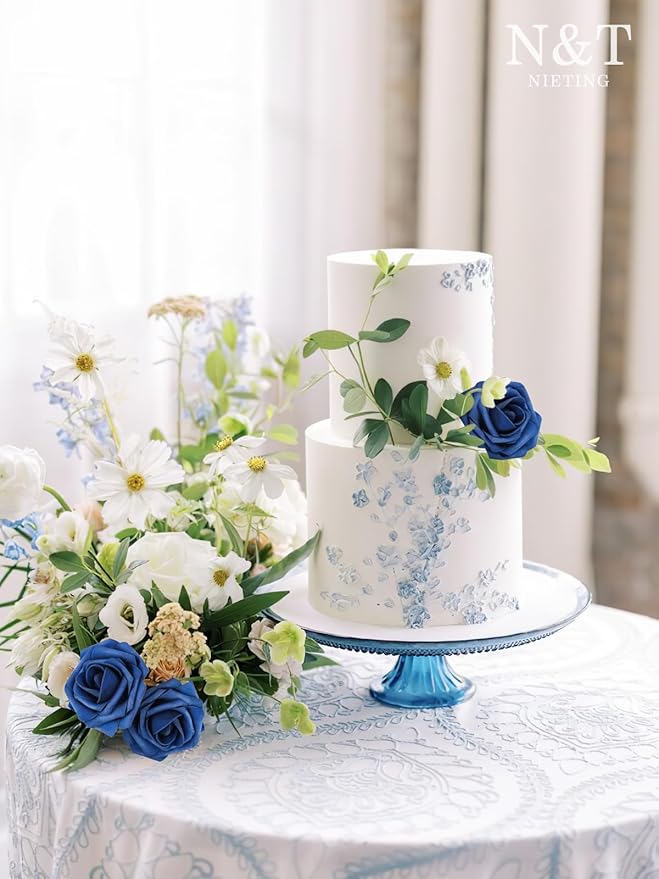 N&T NIETING Artificial Flowers Navy Blue Roses 50Pcs Fake Flowers Foam Roses with Stems for DIY Wedding Bridesmaid Bridal Bouquets Centerpieces Party Home Decoration Baby Shower