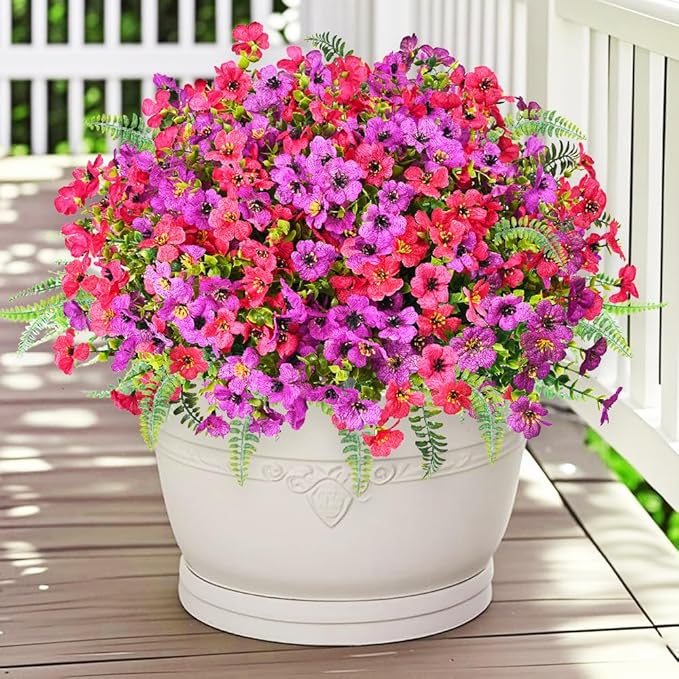 Artificial Faux Plants Flowers Outdoor Decoration,16 Bundles Fake Silk Colorful Daisy Eucalyptus Realistic UV Resistant for Outside Home Planter Porch Patio Yard Decor (Purple Red)